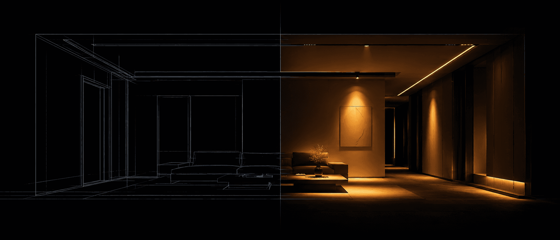 Illustration of a room transforming from an architectural wireframe on the left into the same space fully lit and furnished on the right