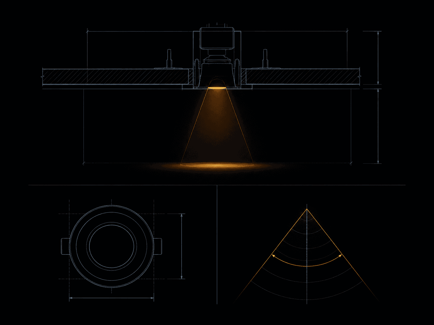 Technical cross-section diagram of a recessed downlight showing its beam angle and light cone