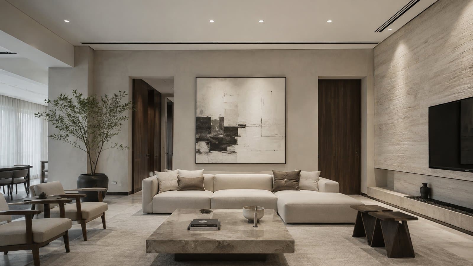 Living room with flat, even downlighting only