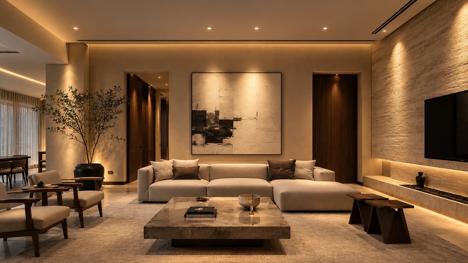 Same living room with layered, specified lighting